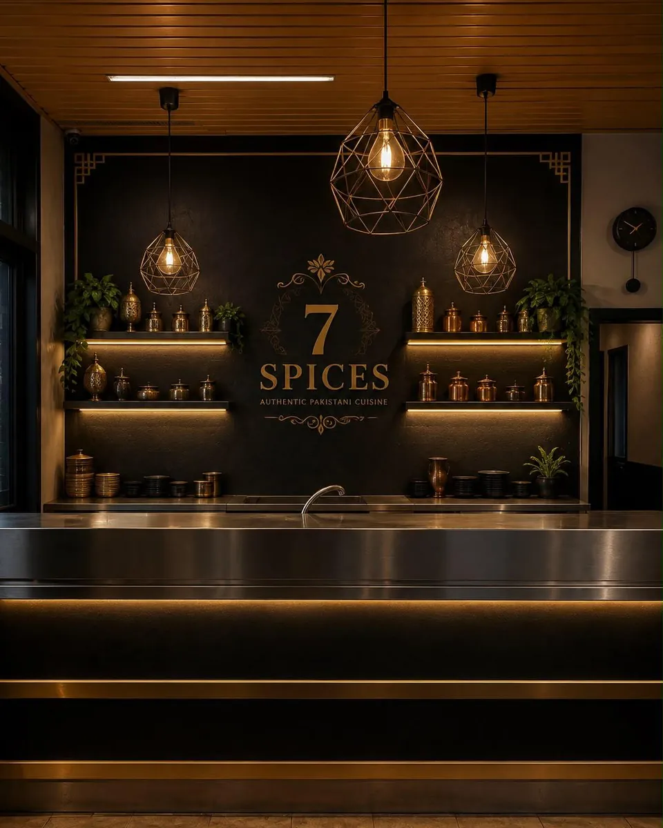 Il bancone di 7 Spices con l'insegna dorata e le lampade in ottone